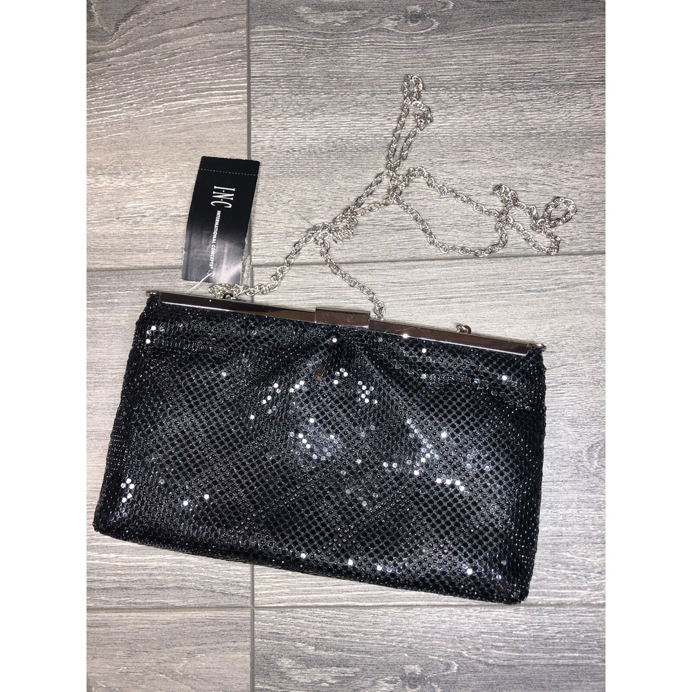 INC Terri Rhinestone Pouch Clutch chain bag black party B000293